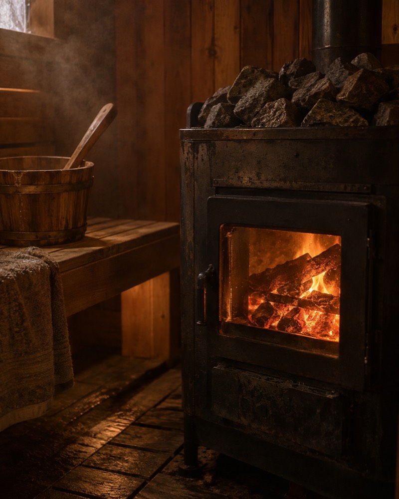 A wood-burning sauna stove with the fire lit behind its glass door, stones piled on top and a wooden bucket on the bench.